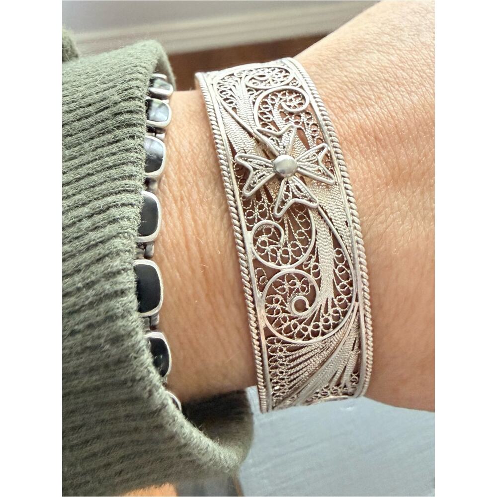 925 Sterling Silver Cuff Maltese cross filigree cuff bracelet - Picture 2 of 13